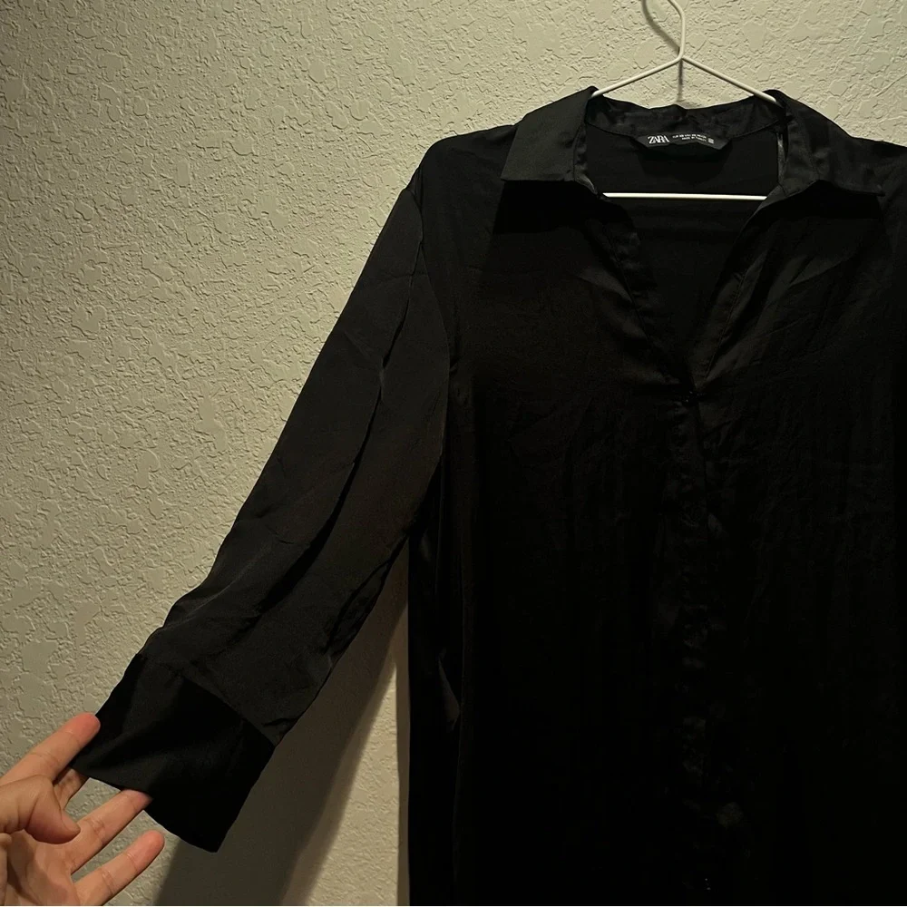 ZARA Satin Effect Black Shirt‎ Midi Dress size XS